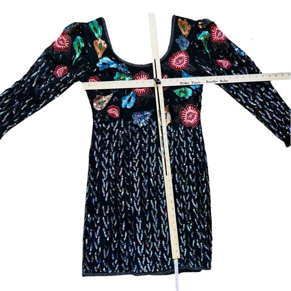 Vintage 80s 90s Floral Beaded Sequin Silk Long Sleeve Black Sheath Dress size L - Picture 3 of 15